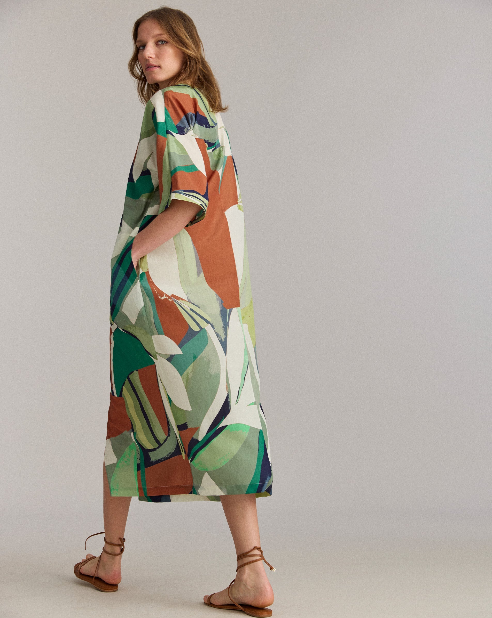 Simon-Collage Tropical Silk V-Pleat Maxi Dress
