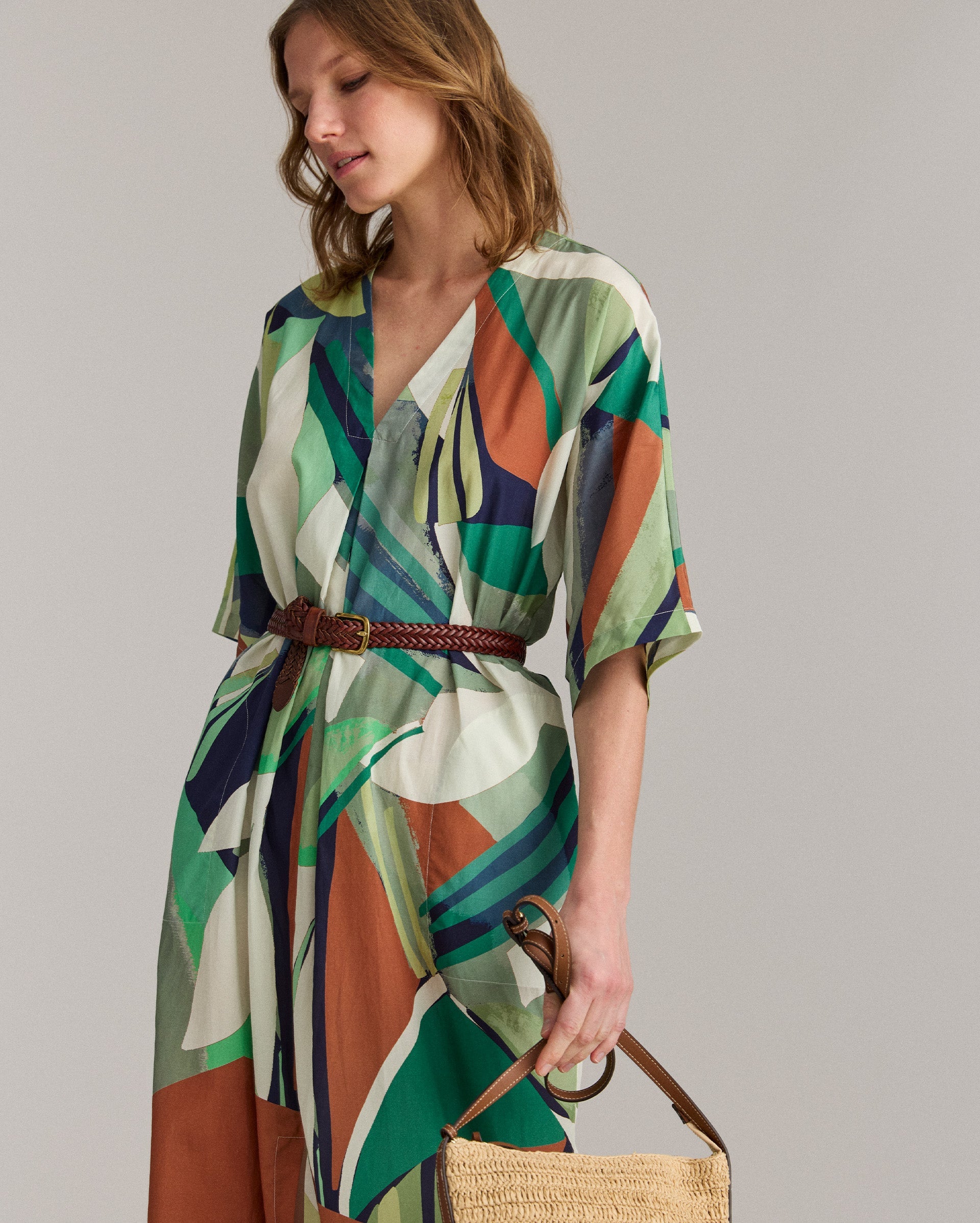 Simon-Collage Tropical Silk V-Pleat Maxi Dress