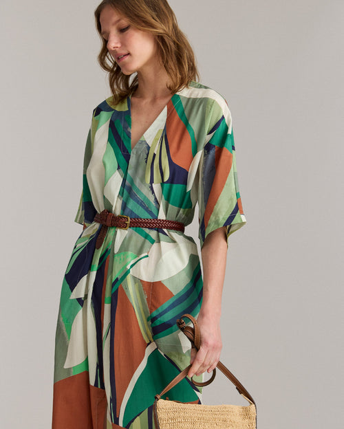 Simon-Collage Tropical Silk V-Pleat Maxi Dress