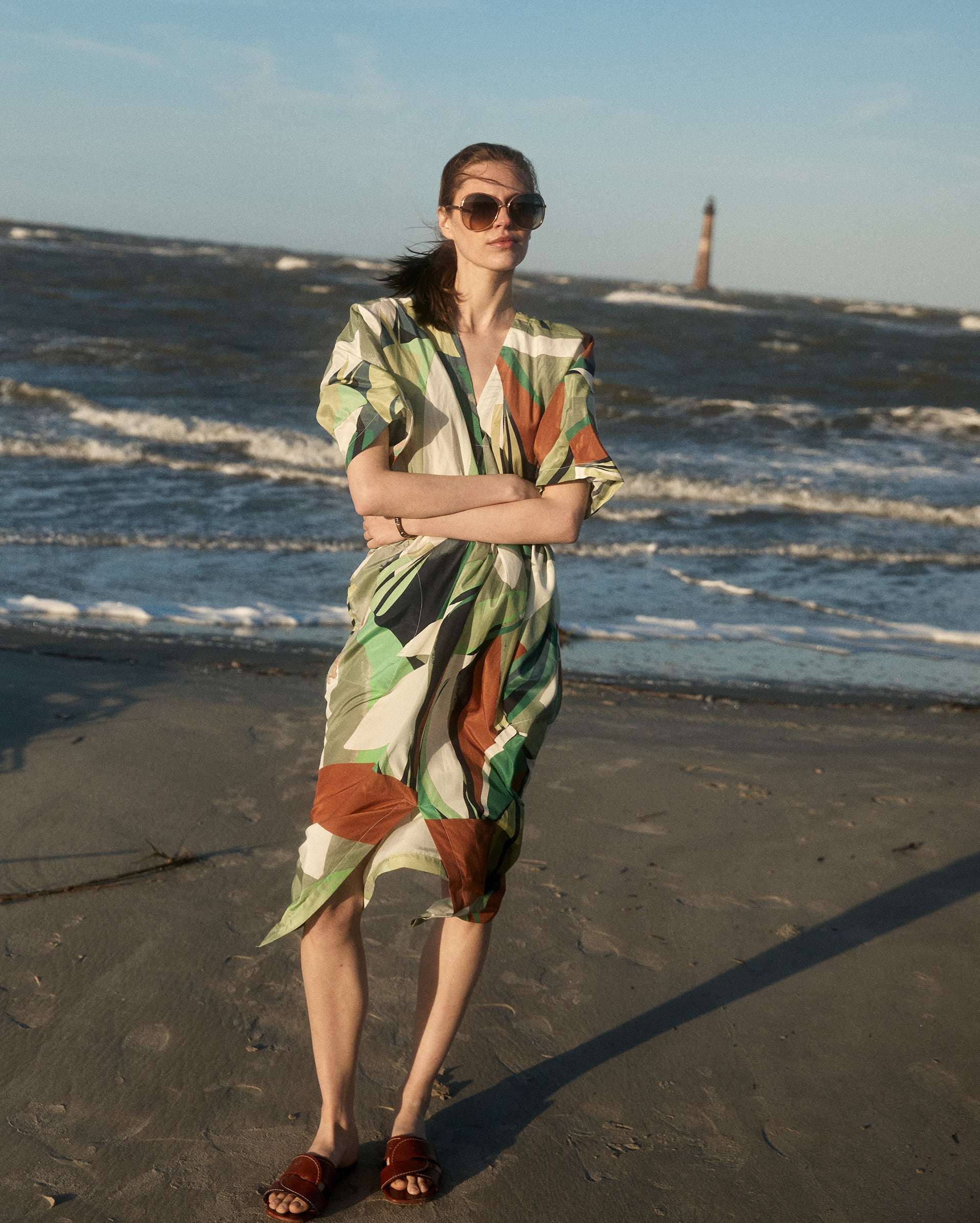 Simon-Collage Tropical Silk V-Pleat Maxi Dress