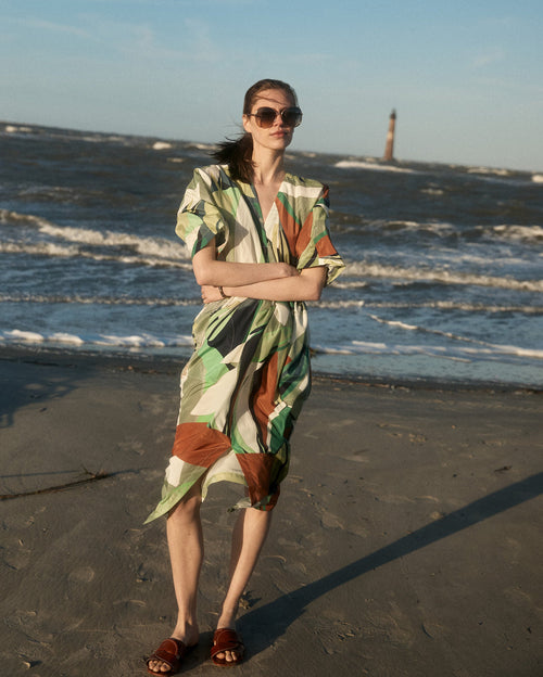 Simon-Collage Tropical Silk V-Pleat Maxi Dress